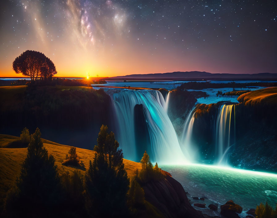 Scenic waterfall under starry sky and vibrant sunset