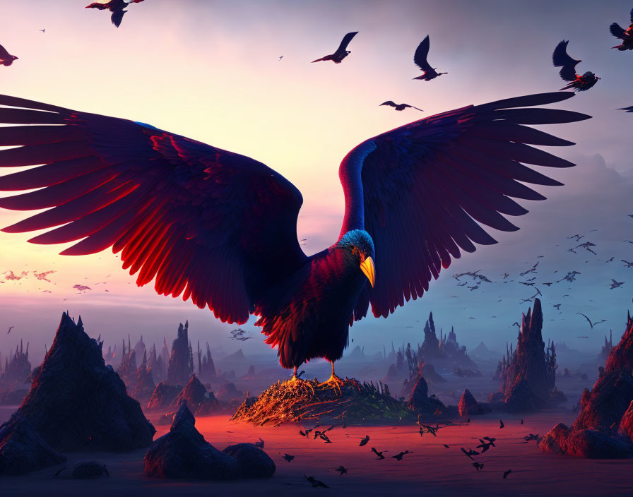 Majestic eagle soaring at sunset over rocky landscape with vivid sky.