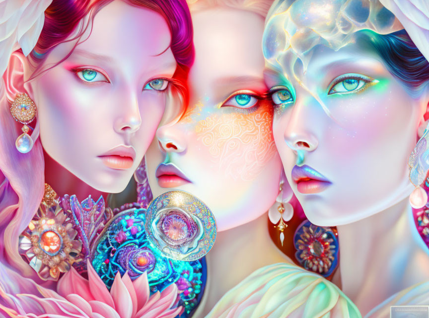 Ethereal beings with intricate face patterns and vibrant eyes