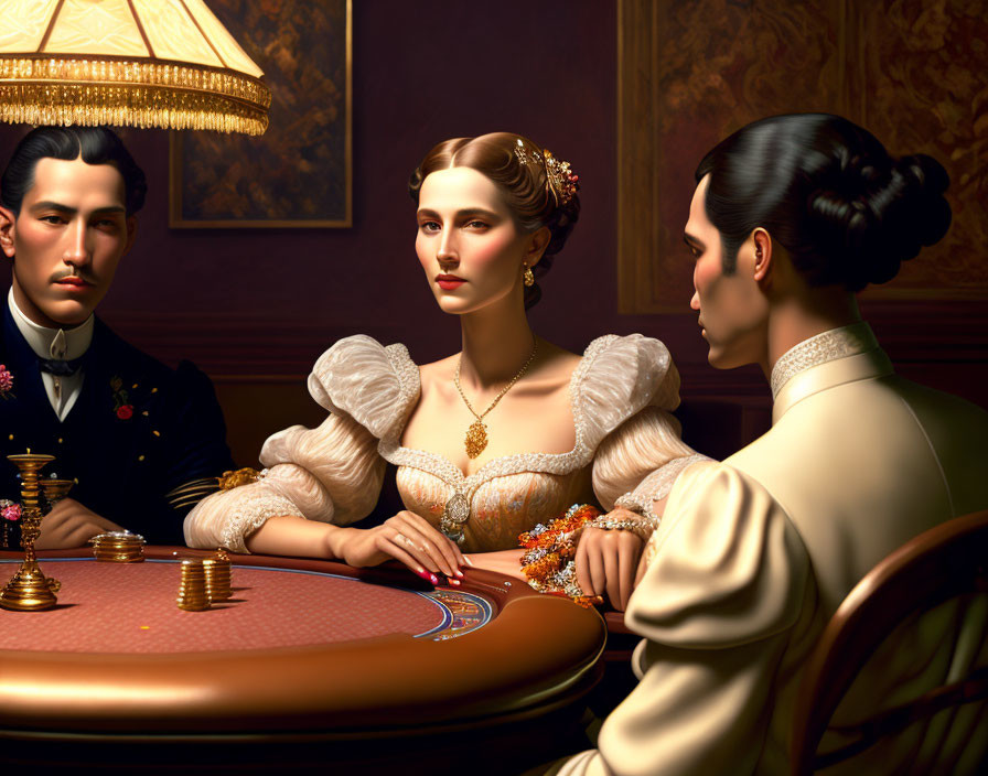 Victorian-themed digital art of three individuals at a poker table