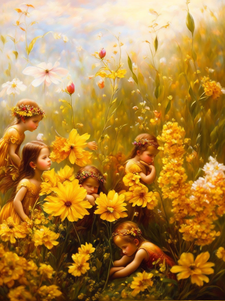 Four Young Girls in Golden Outfits Surrounded by Yellow Flowers