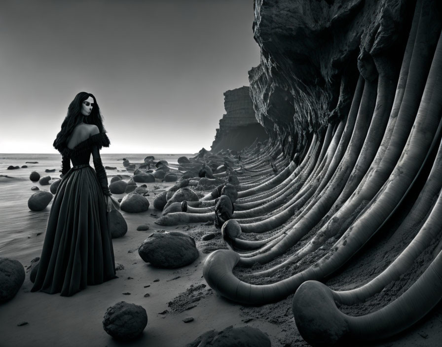 Monochrome image: Woman in Victorian dress on surreal beach