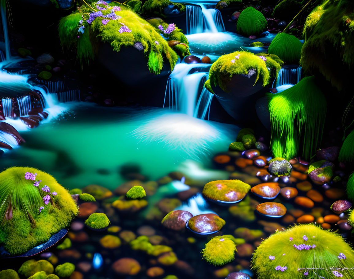 Ethereal mossy brook with cascading waterfalls and purple flowers