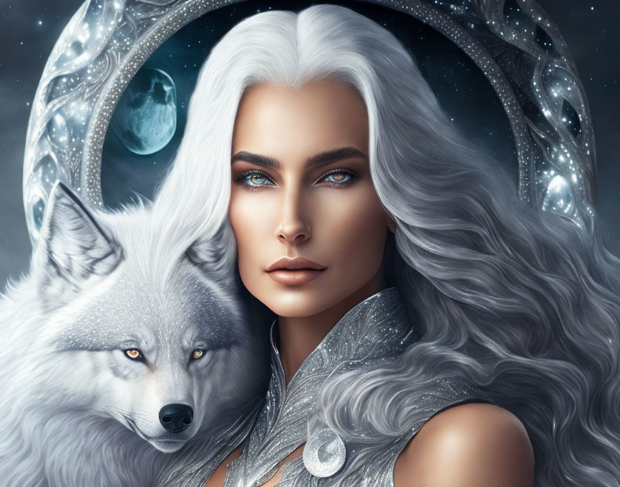 Woman with White Hair and Wolf in Cosmic Setting with Crescent Moon