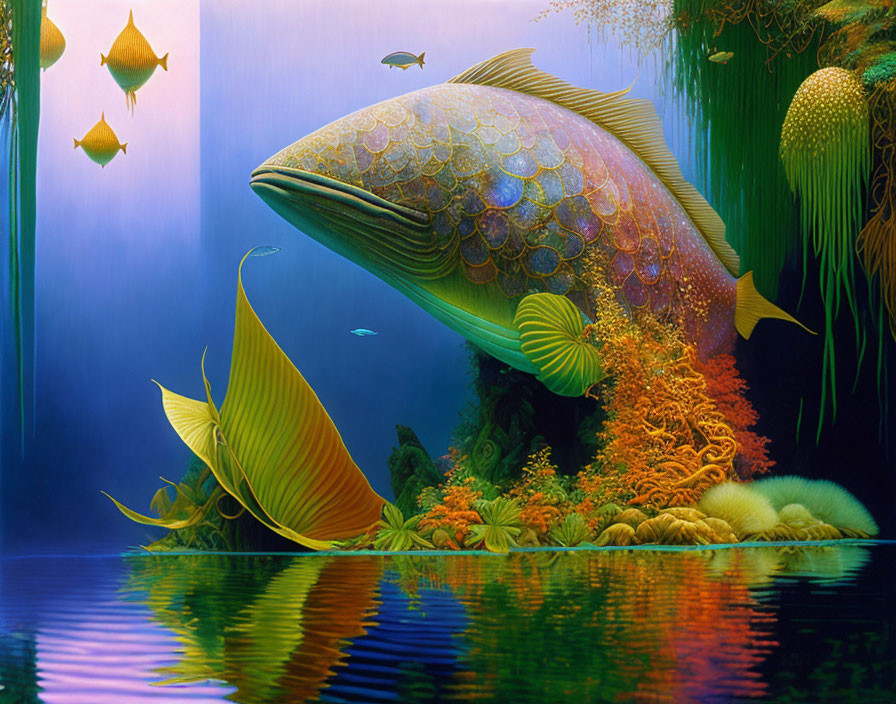 Colorful surreal underwater scene with ornate fish and marine life