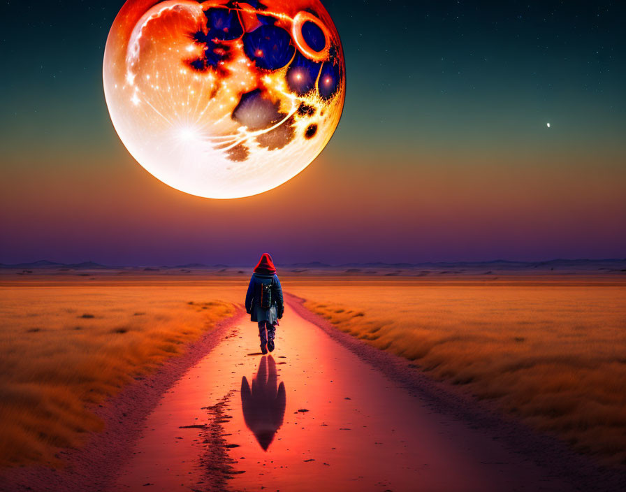 Person walking on desert path towards surreal planet in twilight sky