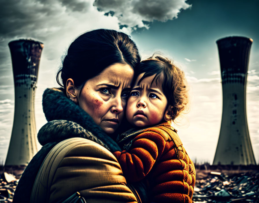 Anxious woman with child near cooling towers and stormy sky