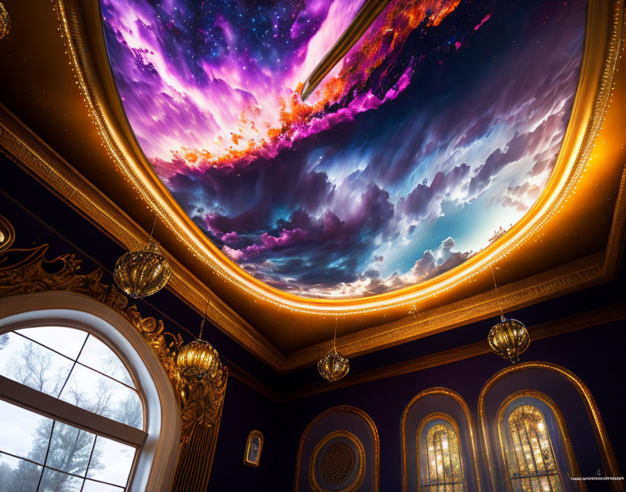 Luxurious Room with Blue Walls, Cosmic Mural, Chandeliers, and Daylight View