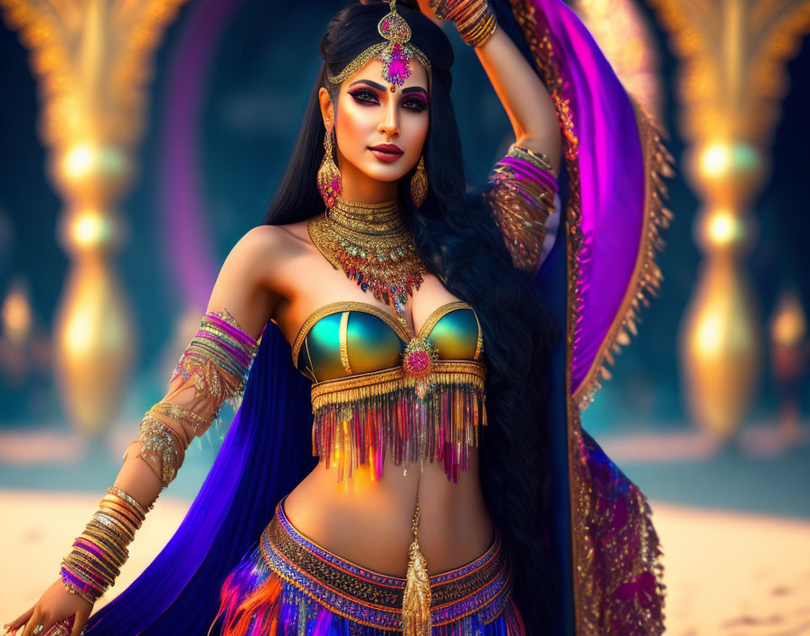 Traditional Indian Attire Woman Poses Against Golden Arches