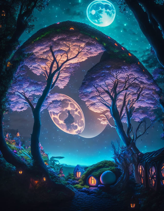 Enchanted forest night scene with glowing trees, double moon, starry sky, and whimsical