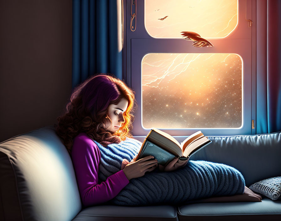 Woman reading book on couch near window at twilight with flying bird.