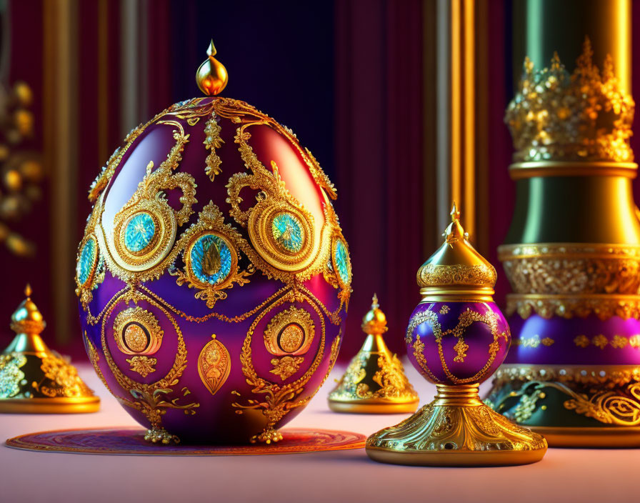 Luxurious Purple and Gold Egg Ornament Surrounded by Opulent Jeweled Objects