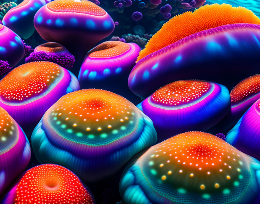 Colorful Bioluminescent Sea Anemones in Purple, Orange, and Blue Underwater Scene