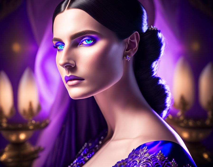 Portrait of Woman with Blue Eyes and Purple Skin in Candlelight