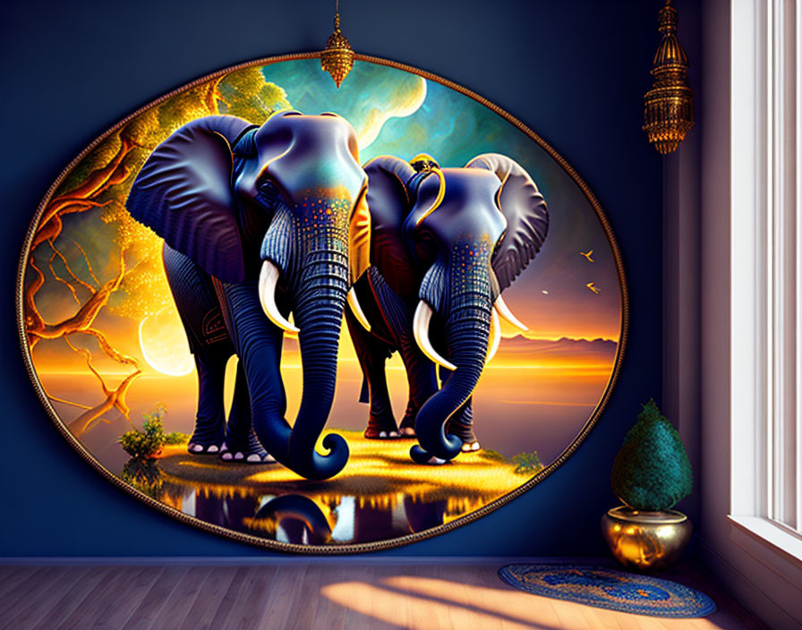 Artwork featuring two blue elephants by water at sunset in oval room view