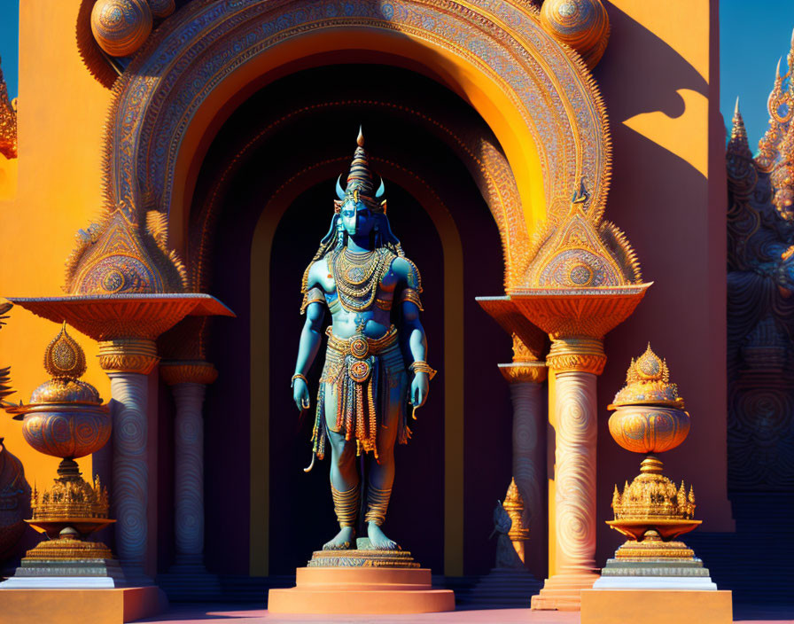 Hindu deity statue in front of ornate archway under golden sunlight