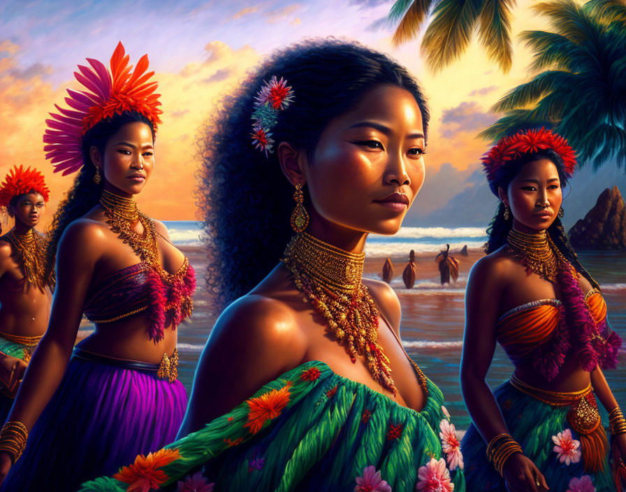 Three women in traditional island attire on beach at sunset with palm trees