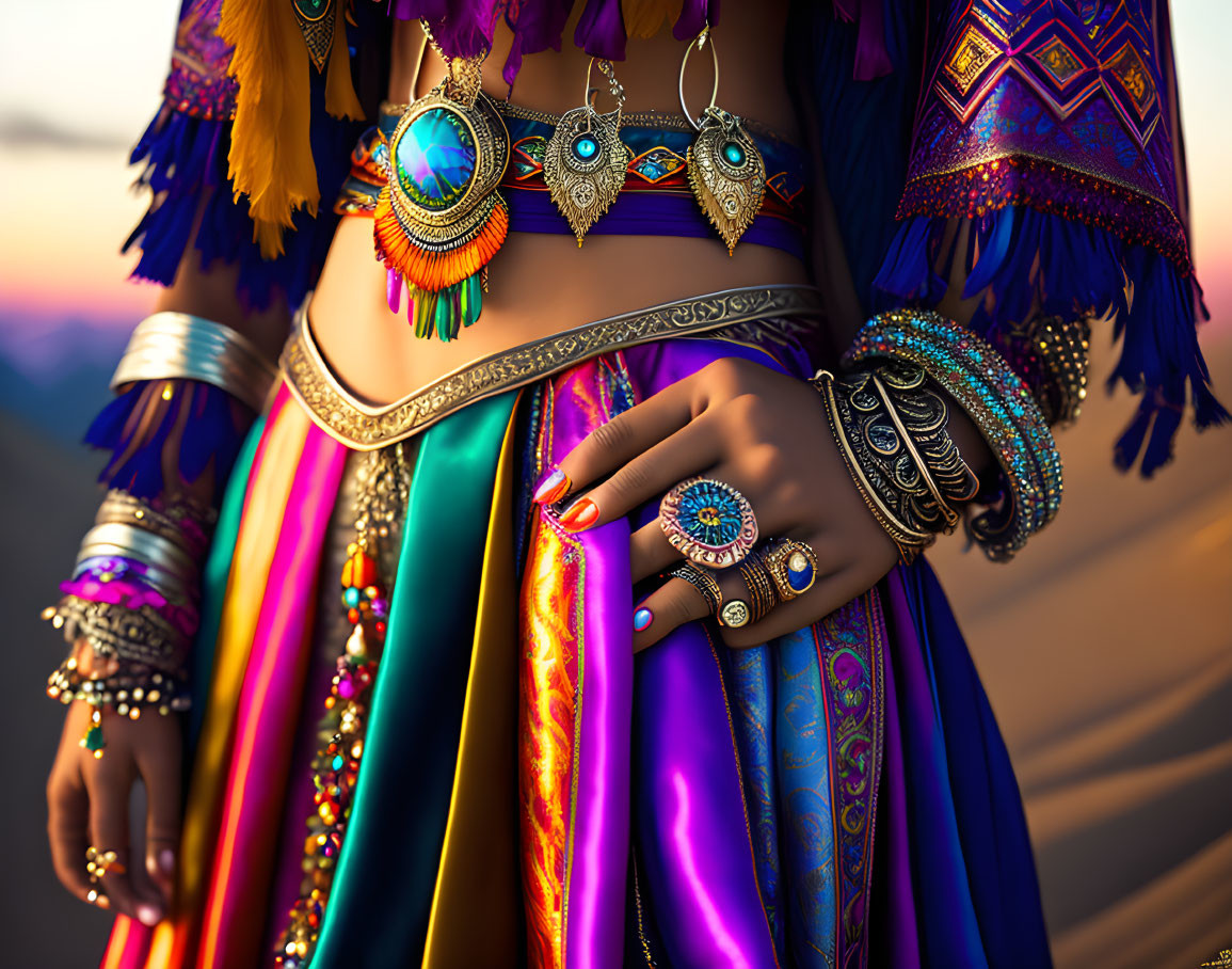 Colorful Ethnic Attire and Ornate Jewelry on Woman's Midriff and Hands