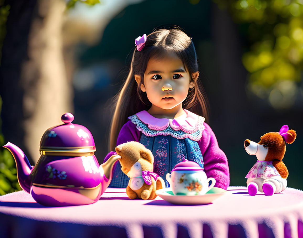 Young girl's outdoor tea party with stuffed toys on sunny day