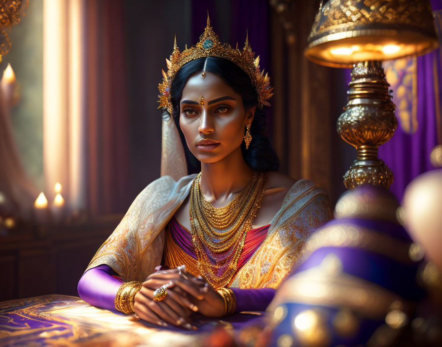 Traditional Indian Attire Woman Seated in Luxurious Purple Interior