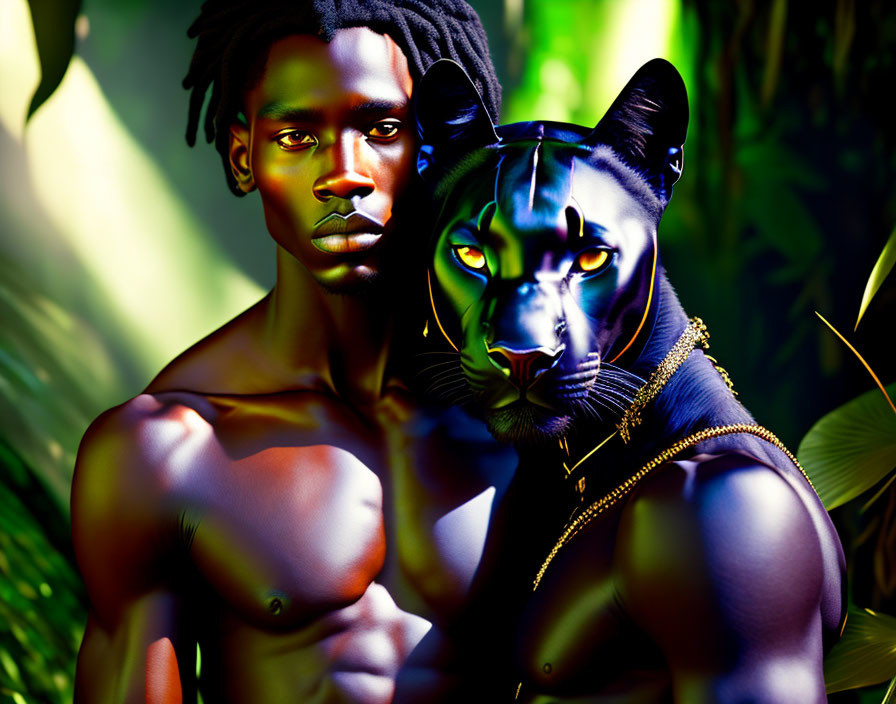 Shirtless man with dreadlocks and black panther in lush jungle