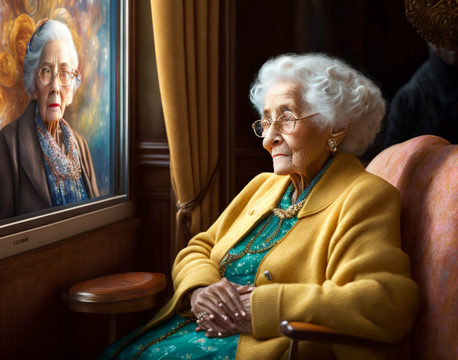 Elderly lady with white hair and glasses beside framed portrait