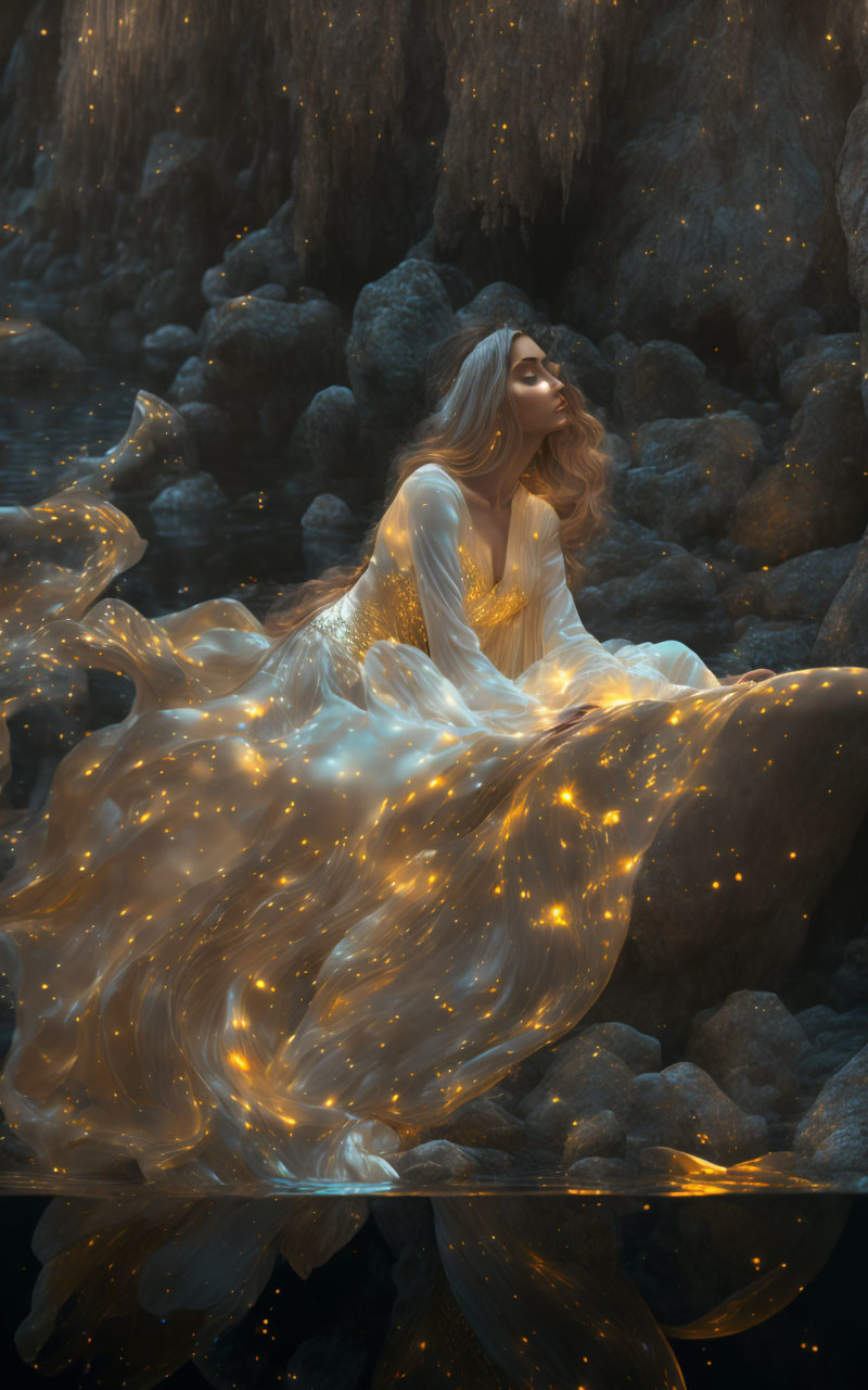 Woman in flowing dress on rock surrounded by water with light strands - mystical scene