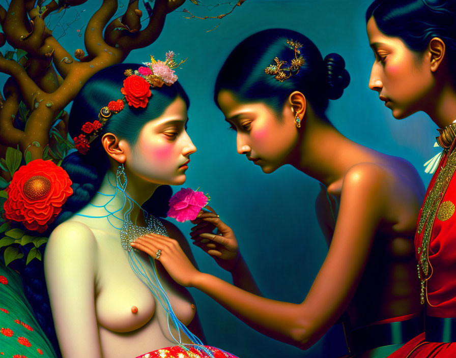 Vibrant stylized women with floral adornments in surreal setting