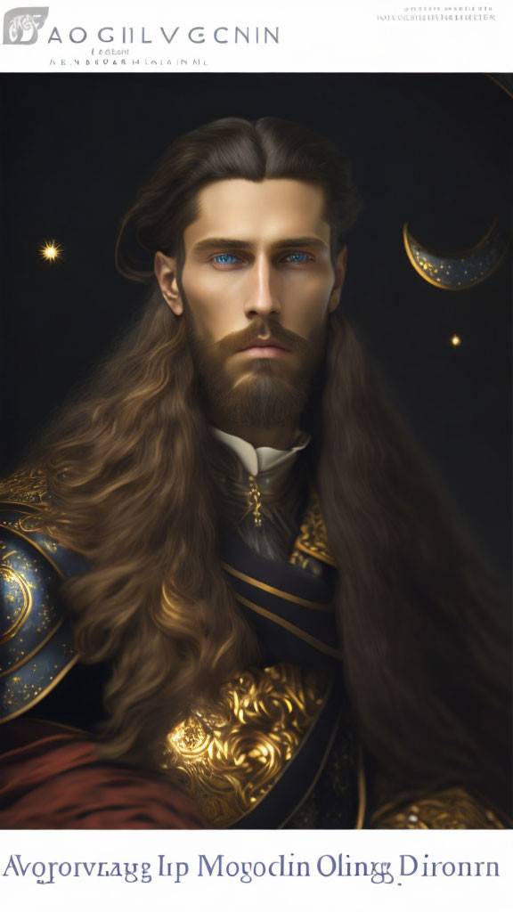 Regal man with long brown hair in ornate gold and blue armor