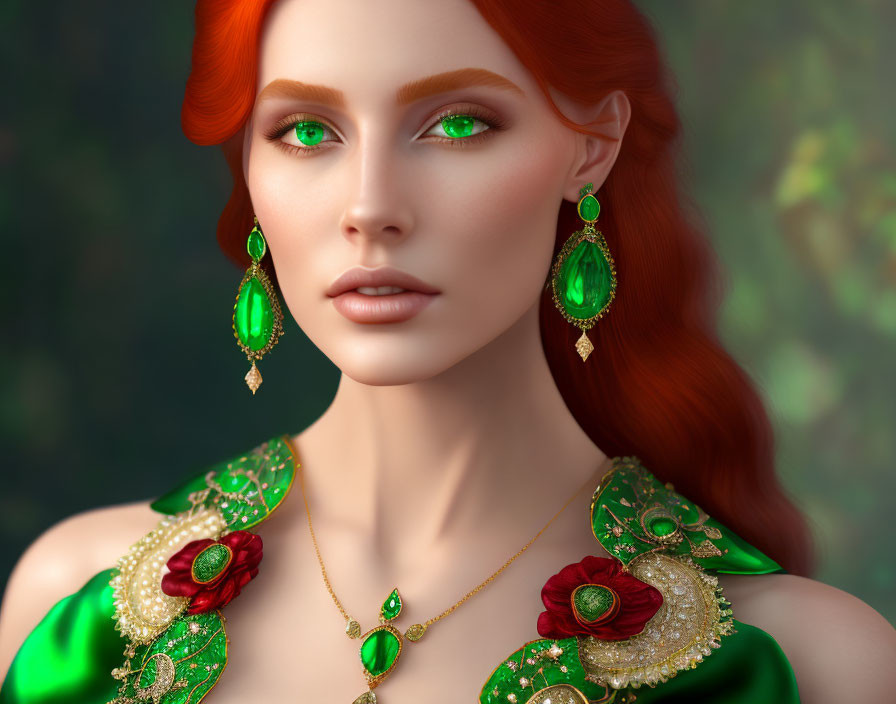 Digital artwork: Woman with red hair, green eyes, emerald jewelry, green dress with gold &