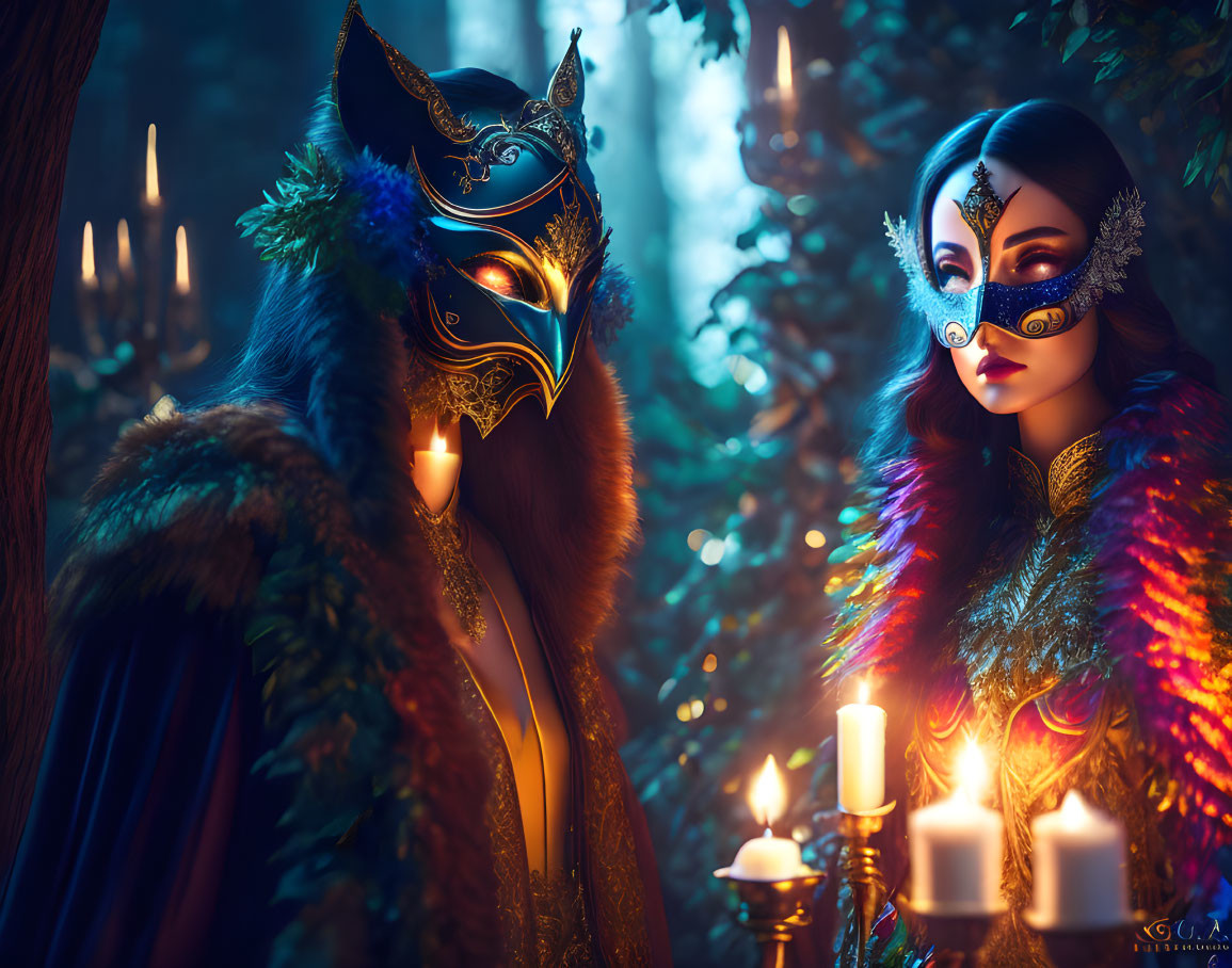 Two people in ornate masquerade costumes with masks surrounded by candles in mystical forest.