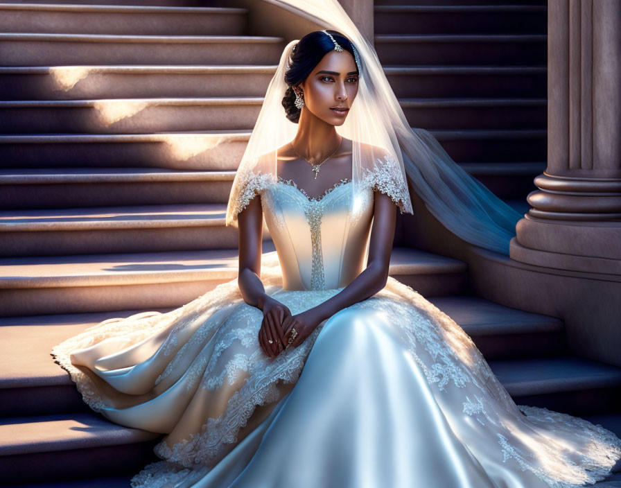 Elegant bride in white gown and veil on stone steps at sunset