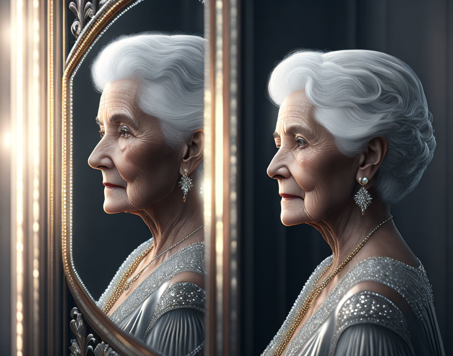 Elderly woman in elegant attire admires reflection in mirror