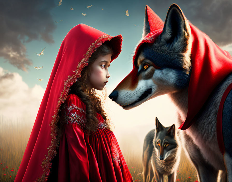 Young girl in red hooded cloak confronts anthropomorphic wolf in surreal setting