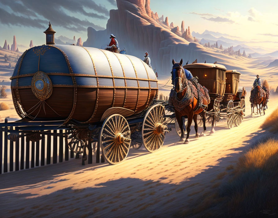 Ornate horse-drawn wagons in desert landscape with rock formations