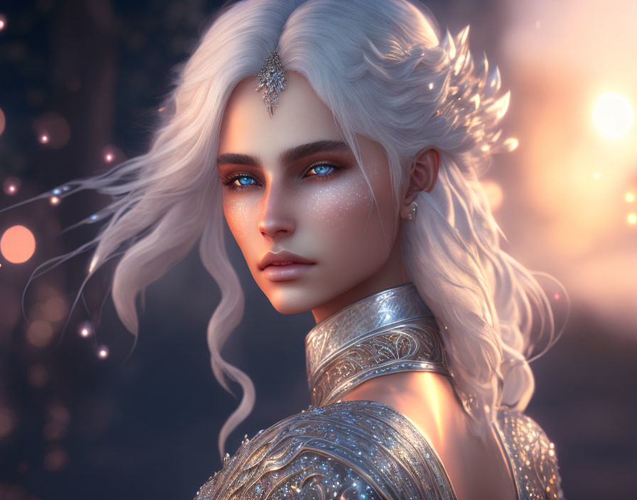 Fantasy woman with silver-white hair in delicate armor against warm bokeh light