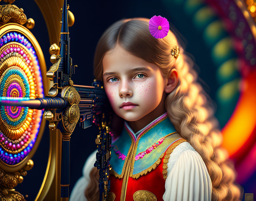 Long-haired girl in traditional outfit by ornate wheel exudes mystical aura