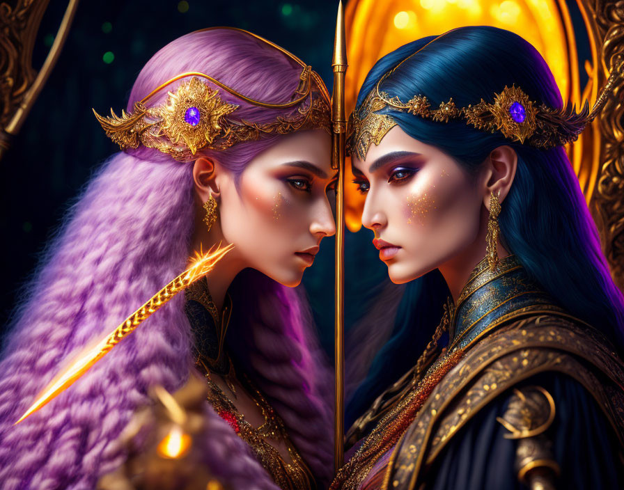 Regal Figures with Golden Headpieces in Mystical Setting