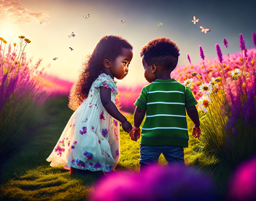 Children holding hands in vibrant flower field at sunset with butterflies.