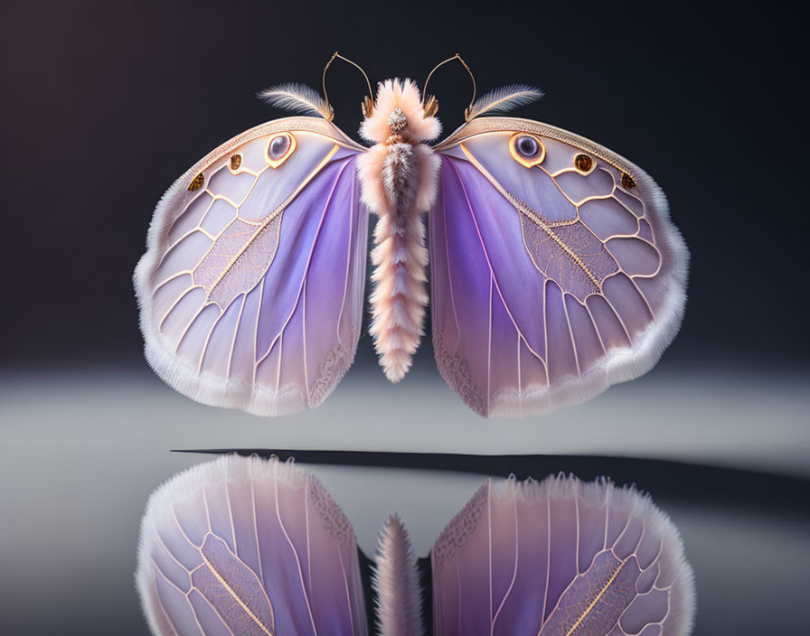 Delicate purple and white butterfly with golden eye patterns resting on reflective surface