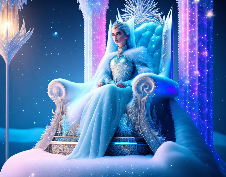 Regal woman in icy blue gown on frosty throne in wintry setting