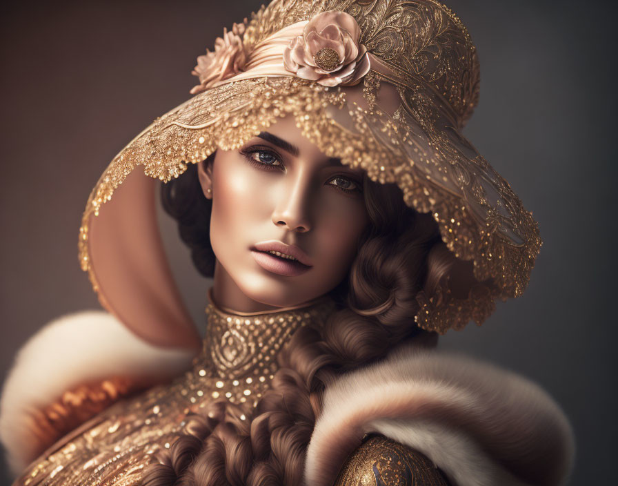 Detailed Portrait of Woman in Golden Headwear & Fur-Collared Outfit