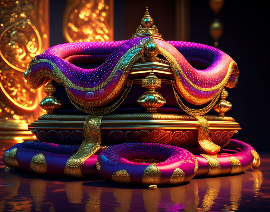 Intricate 3D rendering of ornate magical carpet on dark bokeh-lit background