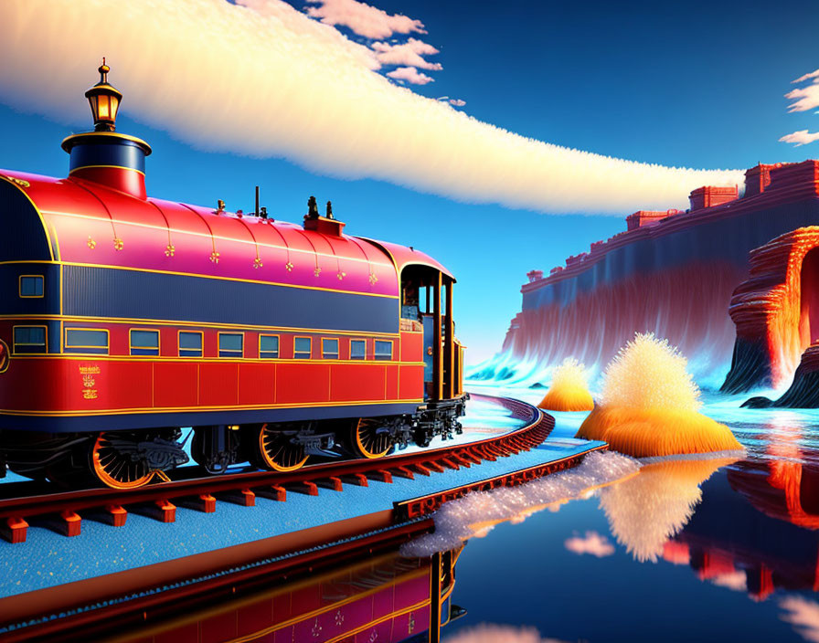 Colorful surreal image: Red and gold train by water, geysers, cliffs under blue sky