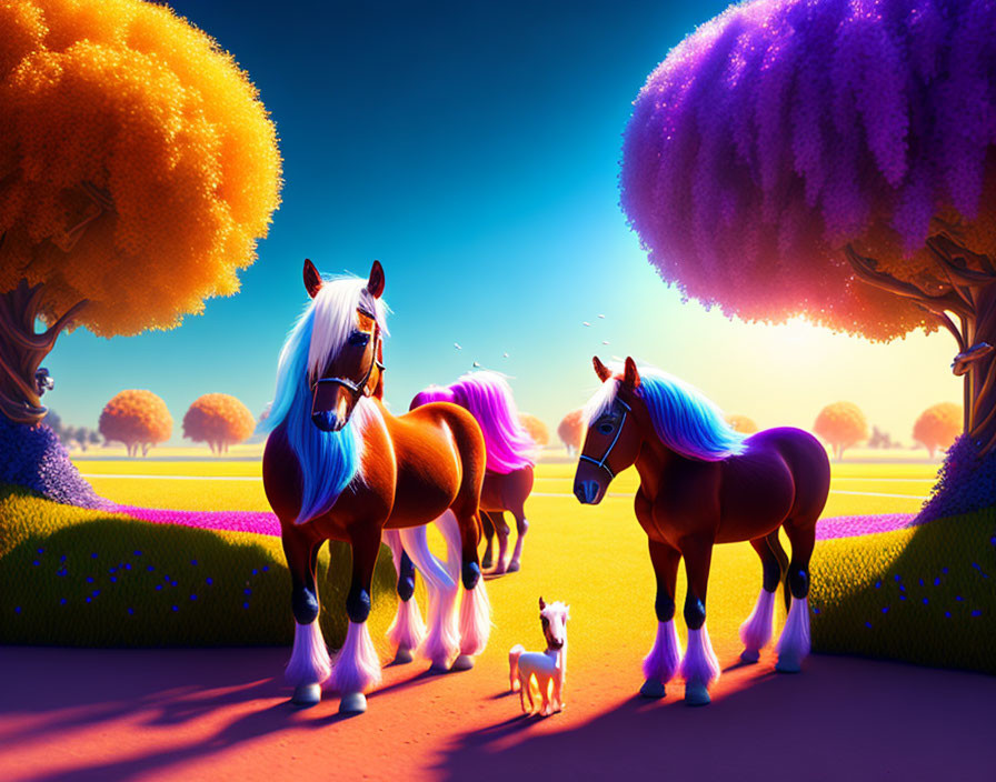 Colorful Landscape with Stylized Animals and Trees at Twilight