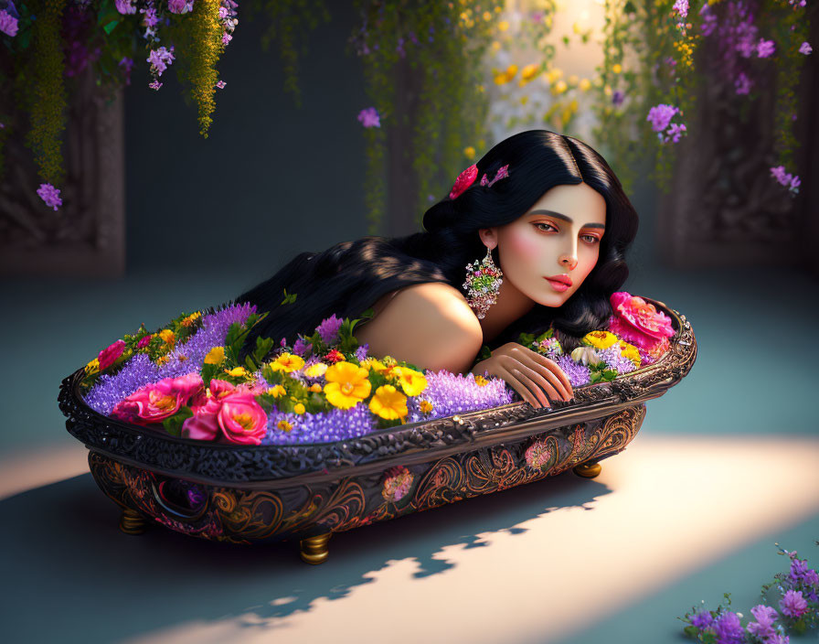 Illustrated woman in ornate boat surrounded by colorful flowers in serene garden