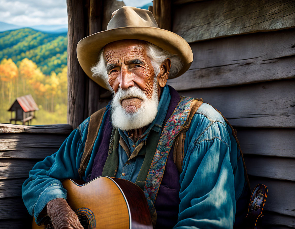 Elderly man with white beard plays guitar by rustic cabin