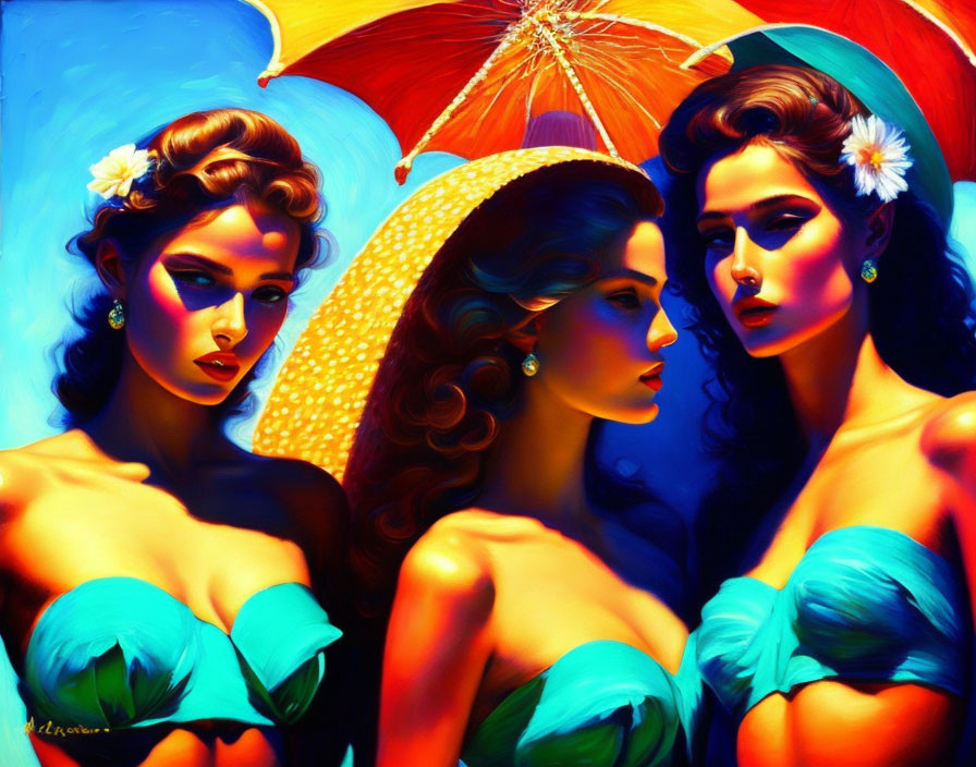 Three women with vibrant makeup and retro hairstyles holding colorful parasols on bright blue and red backdrop