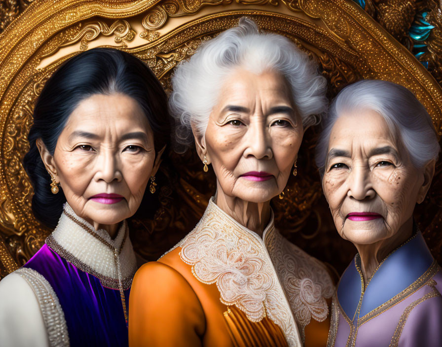 Three senior women in formal attire with dignified expressions, posing against a golden backdrop