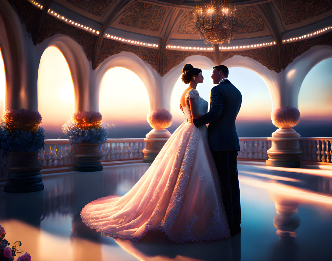 Bride and groom intimate moment on ornate balcony at sunset